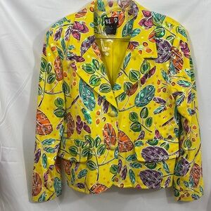 Vibrant Yellow Leaf Print Women's Blazer